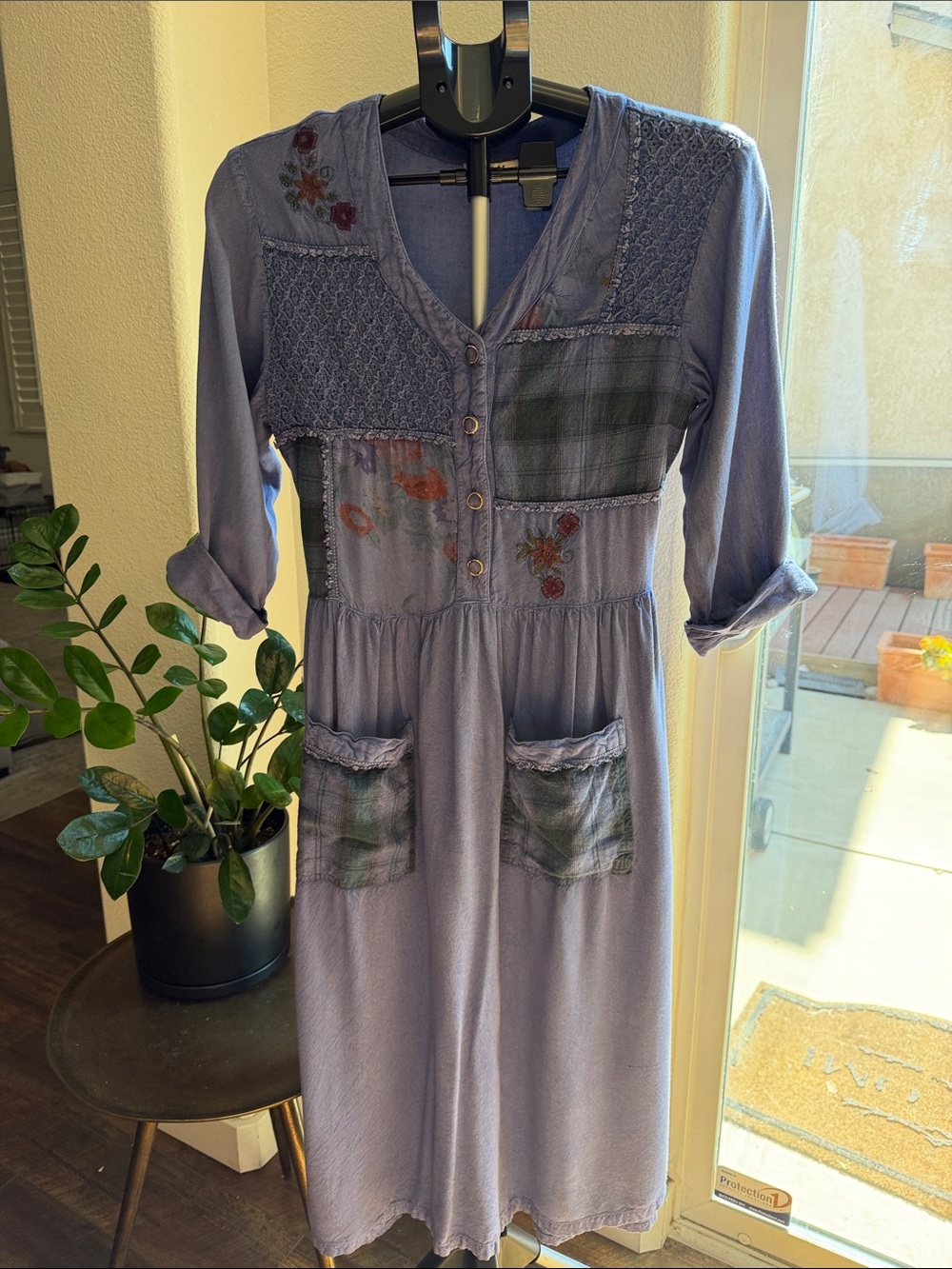 Bohemian Blue Patchwork Prairie Boho Dress Embroidered Lagenlook OS